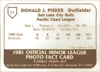 1981 TCMA Salt Lake City Gulls #24 Don Pisker Back