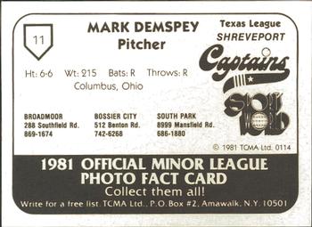 1981 TCMA Shreveport Captains #11 Mark Dempsey Back