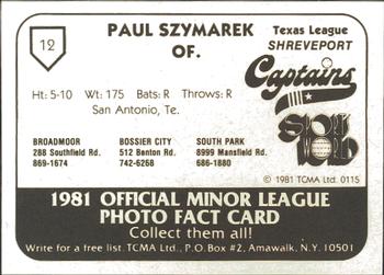 1981 TCMA Shreveport Captains #12 Paul Szymarek Back