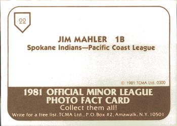 1981 TCMA Spokane Indians #22 Jim Maler Back