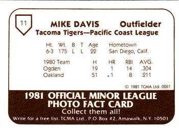 1981 TCMA Tacoma Tigers #11 Mike Davis Back