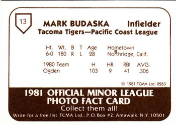 1981 TCMA Tacoma Tigers #13 Mark Budaska Back