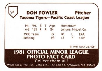 1981 TCMA Tacoma Tigers #14 Don Fowler Back
