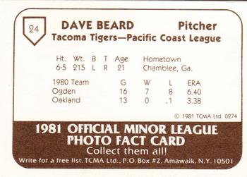 1981 TCMA Tacoma Tigers #24 Dave Beard Back