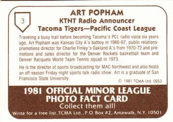 1981 TCMA Tacoma Tigers #3 Art Popham Back