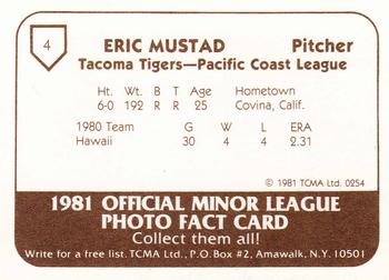 1981 TCMA Tacoma Tigers #4 Eric Mustad Back