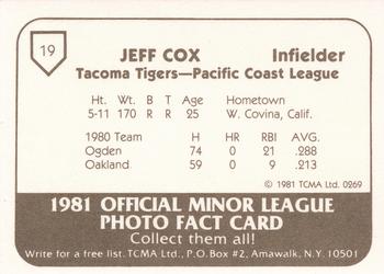 1981 TCMA Tacoma Tigers #19 Jeff Cox Back