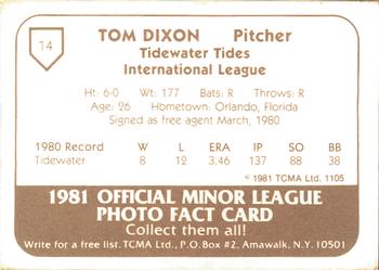 1981 TCMA Tidewater Tides #14 Tom Dixon Back