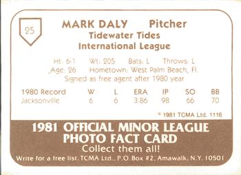 1981 TCMA Tidewater Tides #25 Mark Daly Back