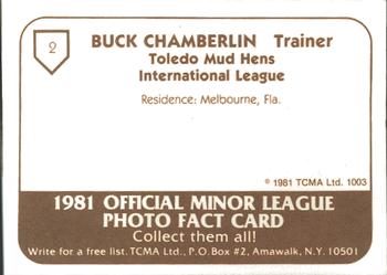 1981 TCMA Toledo Mud Hens #2 Buck Chamberlin Back
