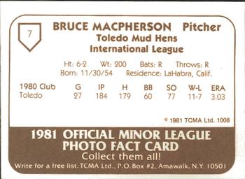 1981 TCMA Toledo Mud Hens #7 Bruce MacPherson Back