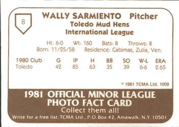 1981 TCMA Toledo Mud Hens #8 Wally Sarmiento Back