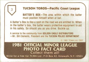 1981 TCMA Tucson Toros #3 Joe Pittman Back