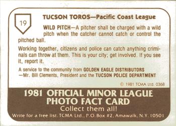 1981 TCMA Tucson Toros #19 Pete Ladd Back