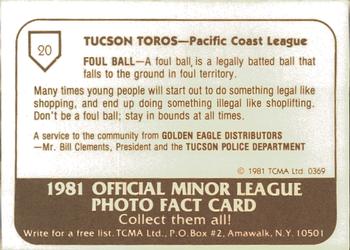 1981 TCMA Tucson Toros #20 Tim Tolman Back