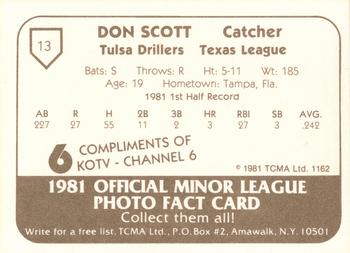 1981 TCMA Tulsa Drillers #13 Don Scott Back