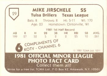 1981 TCMA Tulsa Drillers #29 Mike Jirschele Back
