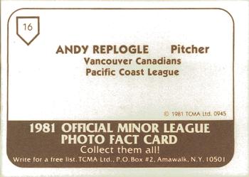 1981 TCMA Vancouver Canadians #16 Andy Replogle Back