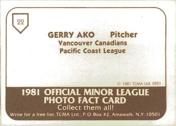 1981 TCMA Vancouver Canadians #22 Gerry Ako Back