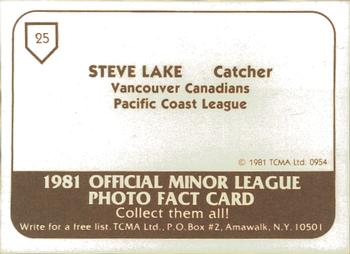 1981 TCMA Vancouver Canadians #25 Steve Lake Back