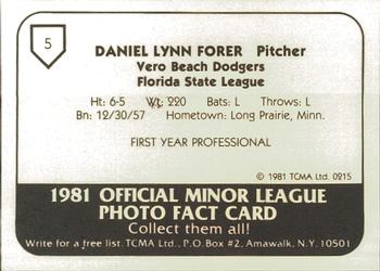 1981 TCMA Vero Beach Dodgers #5 Dan Forer Back