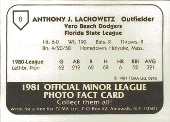 1981 TCMA Vero Beach Dodgers #8 Tony Lachowetz Back