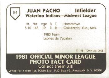 1981 TCMA Waterloo Indians #24 Juan Pacho Back