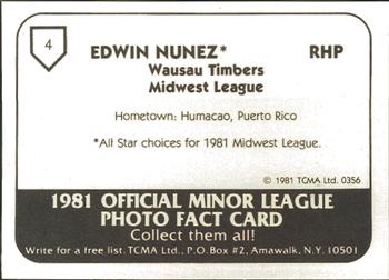 1981 TCMA Wausau Timbers #4 Edwin Nunez Back