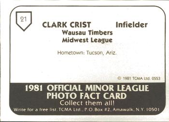 1981 TCMA Wausau Timbers #21 Clark Crist Back