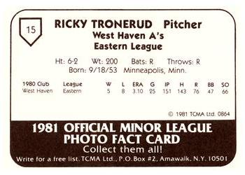 1981 TCMA West Haven A's #15 Ricky Tronerud Back