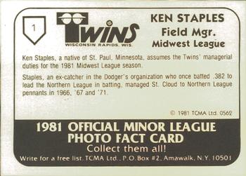 1981 TCMA Wisconsin Rapids Twins #1 Ken Staples Back