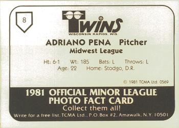 1981 TCMA Wisconsin Rapids Twins #8 Adriano Pena Back
