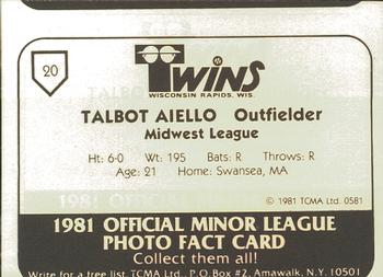1981 TCMA Wisconsin Rapids Twins #20 Talbot Aiello Back