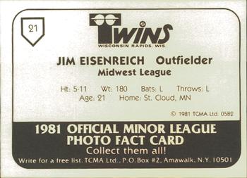 1981 TCMA Wisconsin Rapids Twins #21 Jim Eisenreich Back