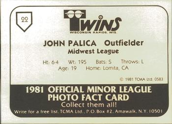 1981 TCMA Wisconsin Rapids Twins #22 John Palica Back