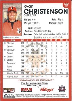 2002 Choice Indianapolis Indians #11 Ryan Christenson Back