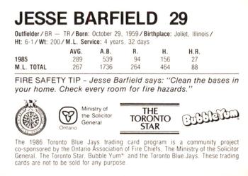 1986 Toronto Blue Jays Fire Safety #NNO Jesse Barfield Back