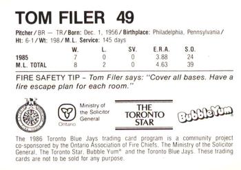1986 Toronto Blue Jays Fire Safety #NNO Tom Filer Back