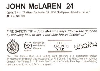 1986 Toronto Blue Jays Fire Safety #NNO John McLaren Back