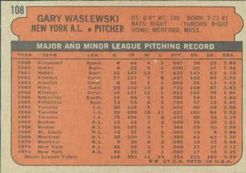 1972 Topps #108 Gary Waslewski Back