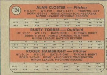 1972 Topps #124 Yankees 1972 Rookie Stars (Alan Closter / Rusty Torres / Roger Hambright) Back