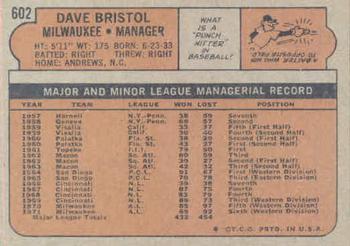 1972 Topps #602 Dave Bristol Back