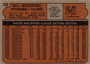 1972 Topps #760 Bill Mazeroski Back