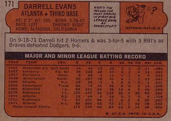 1972 Topps #171 Darrell Evans Back