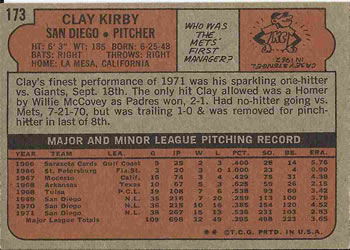 1972 Topps #173 Clay Kirby Back