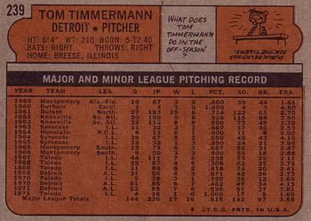 1972 Topps #239 Tom Timmermann Back
