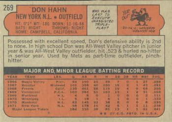 1972 Topps #269 Don Hahn Back
