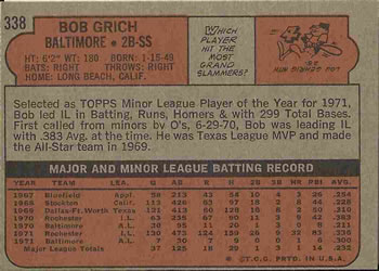 1972 Topps #338 Bob Grich Back