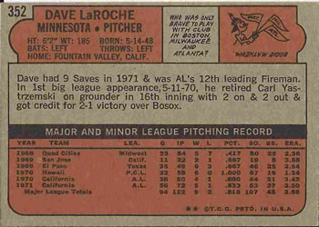 1972 Topps #352 Dave LaRoche Back