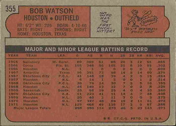 1972 Topps #355 Bob Watson Back
